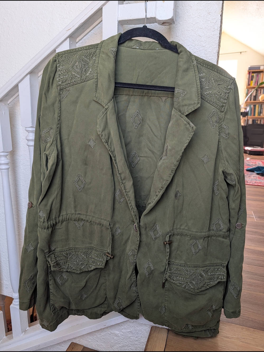 Coldwater Creek Olive Green Embroidered Tencel Lyocell Utility Jacket